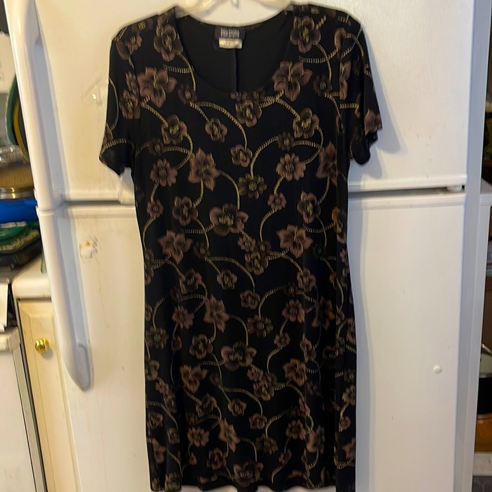 Byer Studio Black, Brown & Gold Floral Poly Knit Dress. Size 16  (24)